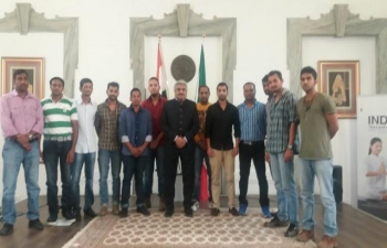Ambassador Wadhwa receiving Indian sailors released from prison in Italy on June 19, 2016 in the Embassy